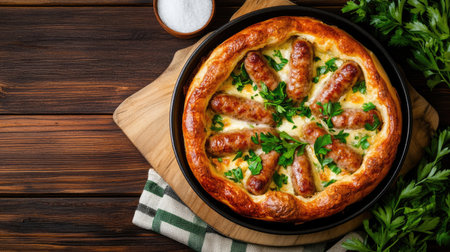 Indulge in a warm sausage pie, topped with fresh herbs and crispy dough. This dish is perfect for gatherings and provides a comforting, savory taste.の素材