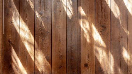 A beautiful wooden wall featuring intricate natural shadow patterns created by sunlight. The warm tones enhance the rustic charm, perfect for various design applications.の素材