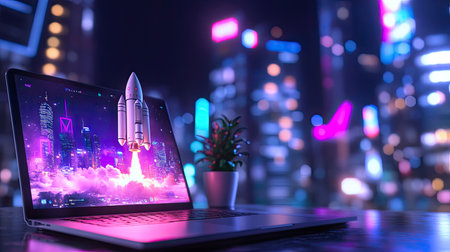 A striking image featuring a laptop with a rocket launching against a vibrant neon cityscape. Perfect for themes of innovation and futuristic technology.の素材