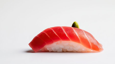 This sushi photo showcases a delicate slice of fresh tuna, perfectly arranged on rice, with a small dollop of wasabi. Ideal for food lovers.の素材