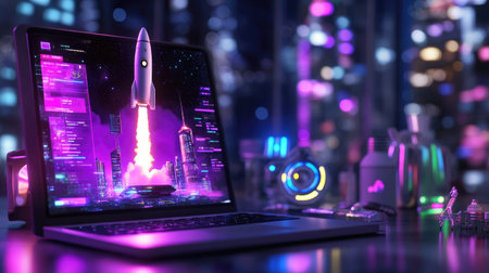 Vibrant laptop showcasing a rocket launch against a neon cityscape, reflecting a dynamic blend of technology and creativity in a futuristic setting.の素材