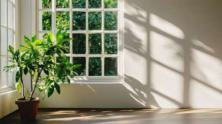 A bright indoor scene featuring a potted plant next to a window, casting intricate shadows. This image evokes tranquility, nature, and refreshing ambiance perfect for home decor.の素材