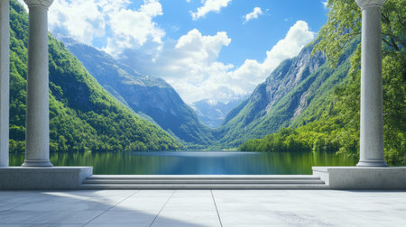 A breathtaking view of a serene mountain landscape featuring a clear lake surrounded by lush greenery and majestic cliffs under a bright blue sky.の素材