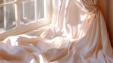 Soft cream drapes gracefully frame a window, allowing gentle sunlight to cascade onto the smooth fabric, creating a tranquil and elegant atmosphere in a cozy interior.の素材