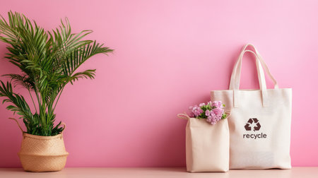 Stylish eco-friendly reusable bags adorned with flowers and a lush plant against a soft pink backdrop enhance sustainable living and indoor decor.の素材