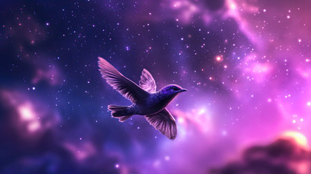 A stunning depiction of a bird soaring through a vibrant galaxy, surrounded by twinkling stars and colorful cosmic scenery, evoking a sense of freedom and wonder.の素材
