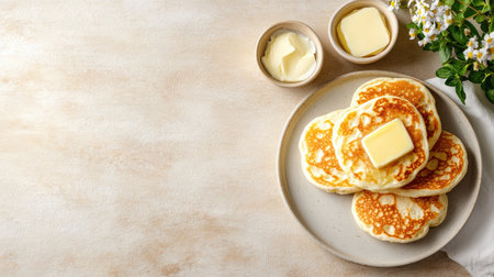 Enjoy a stack of fluffy pancakes topped with creamy butter on a rustic plate, perfect for a cozy breakfast scene. Enhance your meal with fresh flowers.の素材