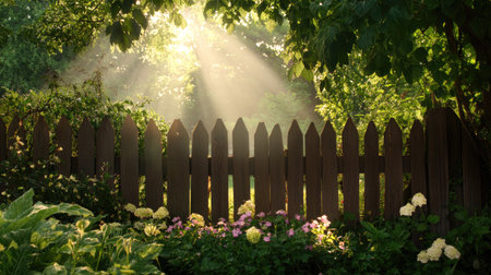 A tranquil garden scene featuring a wooden fence surrounded by blooming flowers. Sunlight rays gracefully filter through trees, creating a peaceful atmosphere.の素材