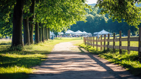 A serene pathway winds through a vibrant green landscape dotted with trees, leading to a lively outdoor event under bright tents, capturing the essence of nature's tranquility.の素材