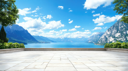 Breathtaking view of a serene lake with mountains and bright blue sky, perfect for showcasing nature's beauty and tranquility in any project.の素材