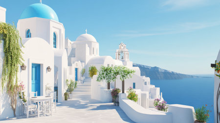 Experience the mesmerizing beauty of Santorini with its iconic white buildings and blue domes overlooking the serene Aegean Sea. A perfect travel destination.の素材