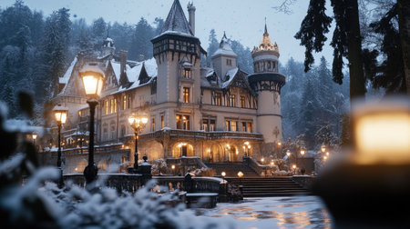 A magnificent Victorian castle stands proudly amidst a snowy landscape, illuminated by warm lanterns. This enchanting scene captures the beauty of winter, showcasing architectural elegance and serene surroundings.の素材