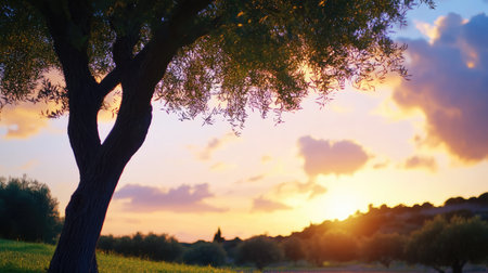 A peaceful olive tree stands against a stunning sunset, framed by vibrant colors in the sky. This serene landscape captures the essence of nature's beauty at dusk.の素材