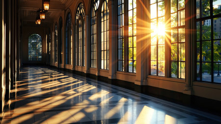 A stunning interior showcasing sunlight streaming through large windows, casting dynamic shadows. The elegant architecture creates a serene atmosphere perfect for inspiration.の素材
