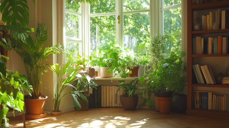 A tranquil indoor scene featuring lush green plants basking in sunlight by a spacious window, creating a warm and inviting atmosphere perfect for relaxation and creativity.の素材