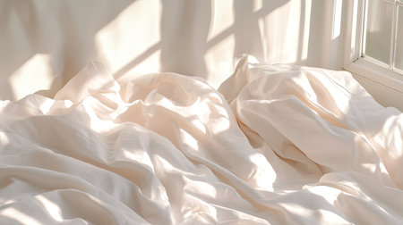 A soft white fabric gracefully draped in warm sunlight, creating a serene atmosphere. Gentle shadows enhance the texture and minimalistic design of a cozy interior.の素材