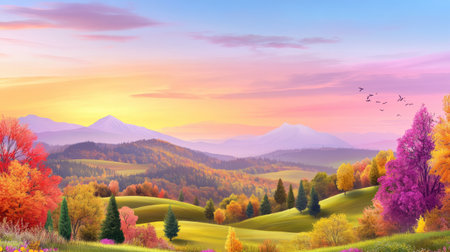 A stunning autumn landscape showcasing vibrant trees in various colors against a peaceful backdrop of mountains and a serene sunset sky.の素材