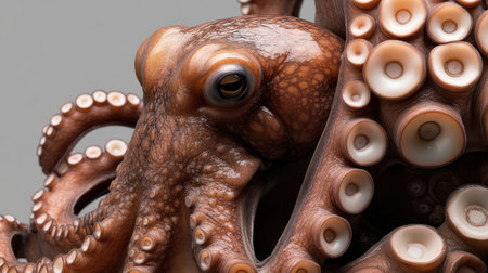 A stunning close-up image showcasing the intricate details of a brown octopus, highlighting its texture, eye, and unique features in an underwater environment.の素材