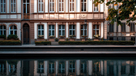 Beautiful historic building stands beside a tranquil waterway, reflecting warm tones at sunset. Perfect for showcasing urban charm and architectural details.の素材