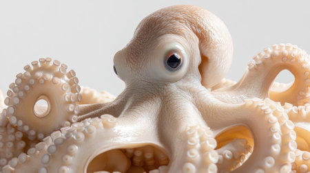 This striking image features a close-up view of an octopus, showcasing its intricate textures and vivid expression, evoking curiosity and wonder about marine life.の素材