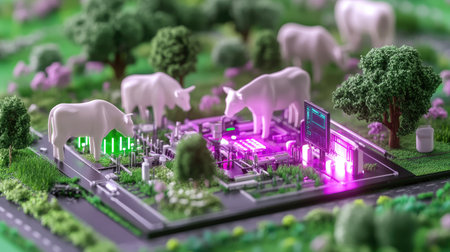 A detailed miniature model depicting a futuristic farm with plastic cows, technology elements, and vibrant green landscaping, showcasing innovation in agriculture.の素材