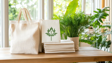 Explore a serene indoor setup featuring eco-friendly cotton bags and towels, complemented by vibrant greenery. Ideal for a sustainable lifestyle.の素材