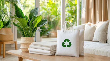 A cozy indoor living space featuring a trendy eco-friendly bag, neatly folded textiles, and a lush green plant, promoting sustainability and modern design.の素材