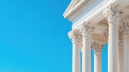 Stunning close-up of classical architectural columns showcasing intricate details and elegance, positioned against a serene blue sky for a timeless aesthetic.の素材