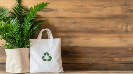 A tranquil scene featuring an eco-friendly shopping bag next to a lush green plant against a wooden backdrop. Ideal for promoting sustainability and clean living.の素材