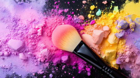 An artistic arrangement of vibrant makeup powder and a brush on a dark surface. This composition highlights the beauty and creativity of cosmetic applications.の素材