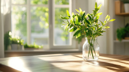 A beautiful arrangement of fresh green leaves in a glass vase sits on a wooden table, illuminated by soft sunlight coming through a window. Perfect for home decor.の素材