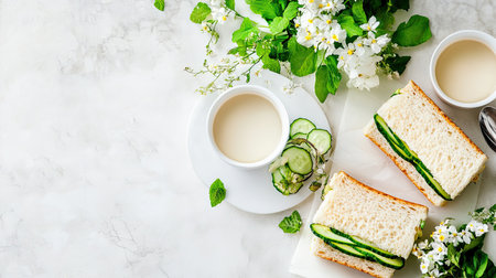 A charming setup featuring fresh cucumber sandwiches served with a cup of tea and adorned with delicate flowers, perfect for a cozy afternoon treat.の素材