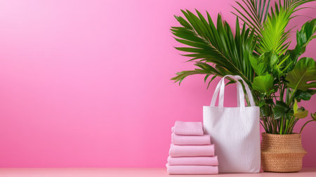 Discover a chic home decor scene featuring soft towels, a stylish tote bag, and lush green plants against a vibrant pink backdrop, ideal for relaxation.の素材