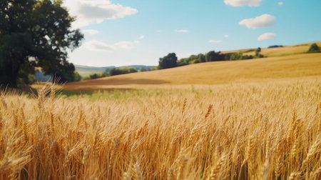A picturesque scene of a golden wheat field stretching under a blue sky adorned with fluffy white clouds. This image evokes a sense of tranquility and symbolizes abundance in agriculture.の素材