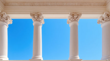 Stunning view of classical architectural columns against a bright blue sky. The elegant design captures the essence of history and artistry in structure.の素材