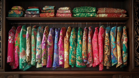 This image showcases a stunning array of colorful fabrics meticulously arranged on elegant shelves, reflecting artistry and craftsmanship. Perfect for design inspiration.の素材