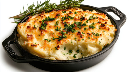 Savory mashed potatoes baked to perfection with a crispy golden topping, garnished with fresh herbs. Perfect as a delicious side dish for any meal.の素材
