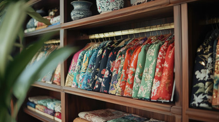 A beautifully arranged display of traditional fabrics in vibrant colors and intricate floral patterns, showcasing the elegance and artistry of cultural garments.の素材