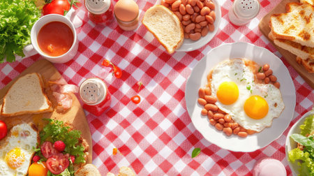 A vibrant breakfast scene featuring sunny-side-up eggs, baked beans, fresh salad, and toast, all arranged on a red and white checkered tablecloth. Enjoy the cheerful atmosphere!の素材