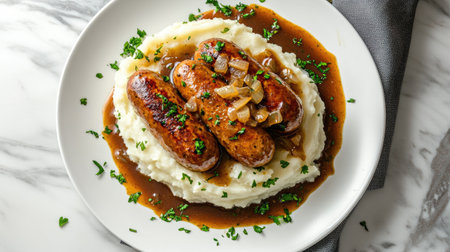 A delectable plate featuring savory sausages layered over creamy mashed potatoes drizzled with rich gravy and garnished with fresh parsley. Perfect for any hearty meal.の素材