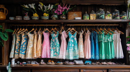 This captivating image showcases an elegant boutique display featuring a variety of colorful dresses hanging on wooden hangers. The backdrop of floral decor and charming accessories creates a vibrant shopping atmosphere. Perfect for illustrating fashion trends or retail environments.の素材