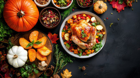 A beautifully arranged Thanksgiving dinner featuring a golden roasted turkey surrounded by colorful seasonal vegetables, garnished with herbs.の素材