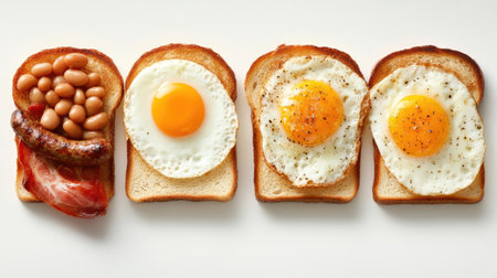 A visually appealing breakfast scene featuring toast topped with fried eggs, sausage, and baked beans, ideal for showcasing morning meals or recipes.の素材