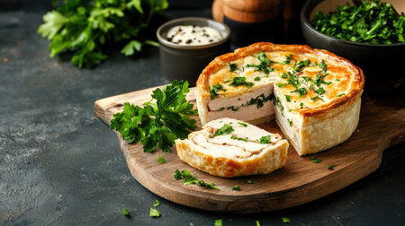 A delicious savory chicken pie garnished with fresh herbs served on a rustic wooden board, perfect for showcasing in food photography or culinary presentations.の素材