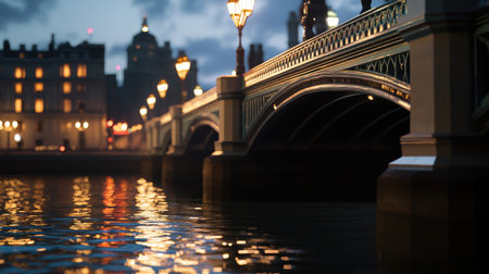 A beautifully illuminated bridge stands over calm water during dusk, reflecting city lights. This urban scene captures the essence of tranquility and charm.の素材