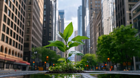 A resilient green plant is seen emerging from the pavement in an urban setting, showcasing the beauty of nature amidst modern skyscrapers and city architecture.の素材
