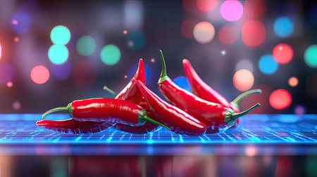 A vibrant arrangement of fresh red chili peppers over a digital background featuring colorful bokeh effects, perfect for culinary, food photography, and spice themes.の素材