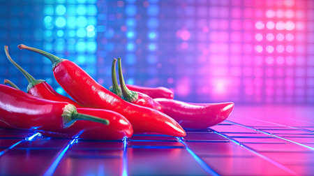 This vibrant image features bright red chili peppers arranged on a reflective surface, with colorful lights in the background, perfect for culinary themes.の素材
