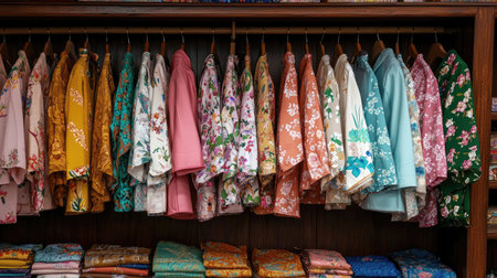 A vibrant display of floral patterned garments hanging neatly in a boutique wardrobe, showcasing the beauty of fashion and design in elegant colors.の素材