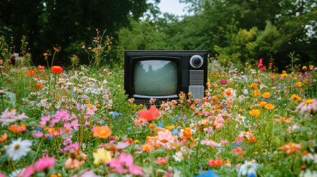 A vintage television sits amidst a vibrant array of wildflowers, blending technology with nature. This serene scene evokes nostalgia and artistic beauty.の素材